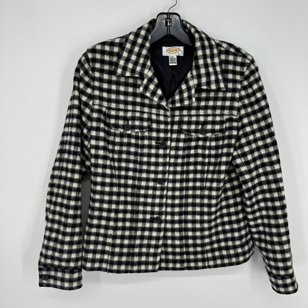 Talbots Buffalo Plaid Wool Jacket 4P Gingham Check Button Down Black White‎